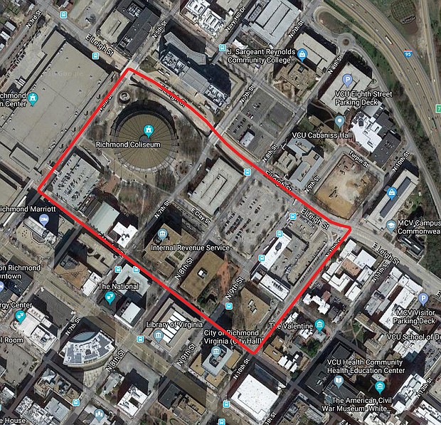 This map shows the 80-block section of Downtown to be included in a proposed Tax Increment Financing District, or TIF. Increased earnings from real estate taxes within the district would be used to pay off $330 million in borrowing for a new Coliseum and other public projects. The proposed boundaries for the TIF district are the Downtown Expressway, 1st Street, Interstate 95 and 10th Street. The blue-color blocks represent sites where the new Coliseum, a new convention hotel, restaurants, office buildings and new apartments would be built.