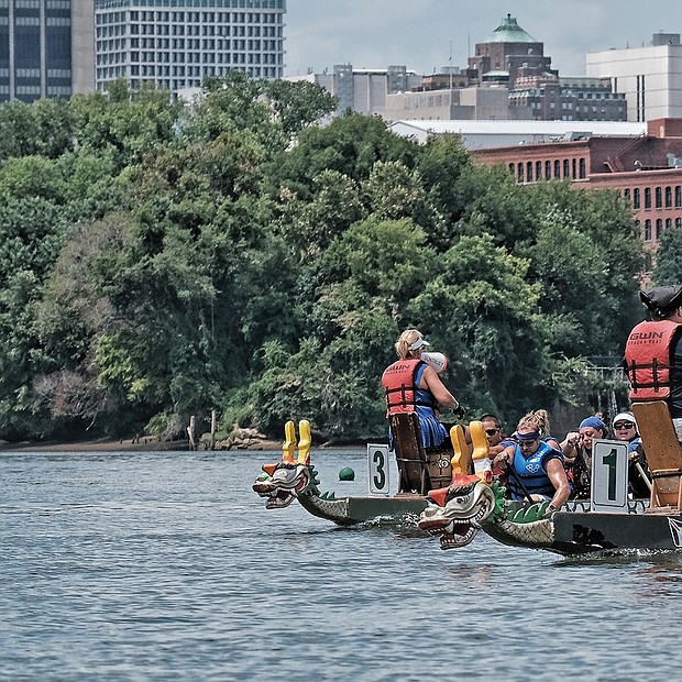 Dragon boat racing marked its 10th year in Richmond with a festive event Saturday highlighted by the paddle-powered competition on the James River. (Sandra Sellars/Richmond Free Press)