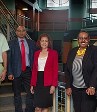 Rice University, Texas Southern University and the University of Houston have won a National Science Foundation grant to help underrepresented minorities pursuing academic careers in engineering and science. The principal investigators are, from left: Reginald DesRoches and Canek Phillips of Rice, Pradeep Sharma and Hanadi Rifai of the University of Houston, Yvette Pearson of Rice and Wei Wayne Li of Texas Southern University. (Credit: Jeff Fitlow/Rice University)