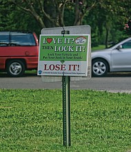 A sign posted in Richmond’s Byrd Park offers motorists a friendly reminder: “Love It? Then Lock It! Or Lose It!” Despite the reminder for drivers to lock their cars to keep themselves and their belongings safe, more than 1,390 thefts from motor vehicles have been reported to Richmond Police so far this year. And 561 cars have been reported stolen in the city through Aug. 11. Both figures are down from the same period last year, when 741 cars were reported stolen and there were 1,526 reports of theft from vehicles. The campaign is neither new nor unique to Richmond. Police departments across the nation use the same slogan to remind residents.