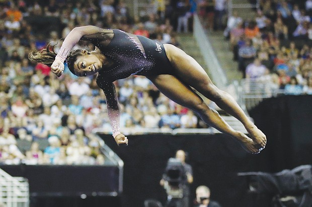 Simone Biles competes in the floor exercise during the senior women’s competition at the 2019 U.S. Gymnastics Championships last Sunday in Kansas City, Mo.