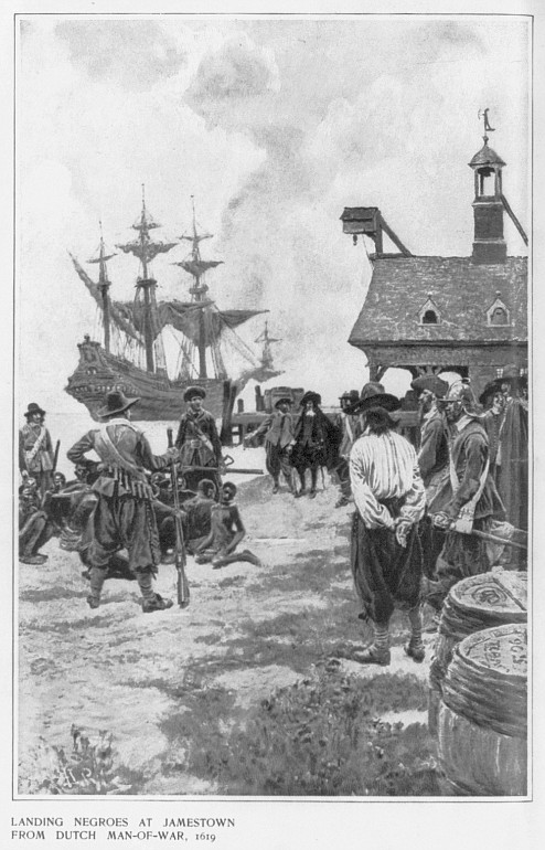 Illustration of the first Africans brought to Virginia in 1619. Published in Harpers Monthly magazine in January 1901.