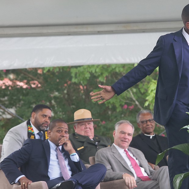 Brycen Dildy, 11, of Larkspur Middle School in Virginia Beach, wows the crowd as he speaks during last Saturday’s main commemoration ceremony at Fort Monroe. (Regina H. Boone/Richmond Free Press)