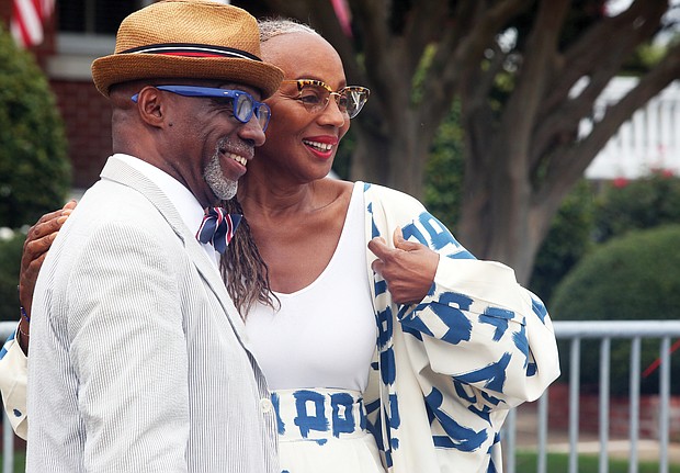 Susan Taylor, former editor-in-chief of Essence magazine, poses for a photograph on Sunday with Chester Williams of Newport News. She was among several celebrities who attended the weekend commemoration events. (Regina H. Boone/Richmond Free Press)