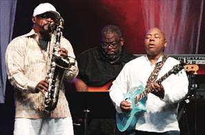 Saxophonist Everette Harp of Jazz Funk Soul gets into a groove with Ronnie Jenkins and Paul Jackson. (photo by Randy Singleton)