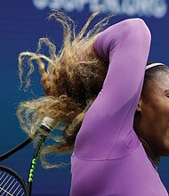 Serena Williams gives it her all to return a shot during her match last Saturday against Bianca Andreescu of Canada during the women’s singles final of the U.S. Open tennis championship in New York.