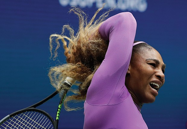 Serena Williams gives it her all to return a shot during her match last Saturday against Bianca Andreescu of Canada during the women’s singles final of the U.S. Open tennis championship in New York.