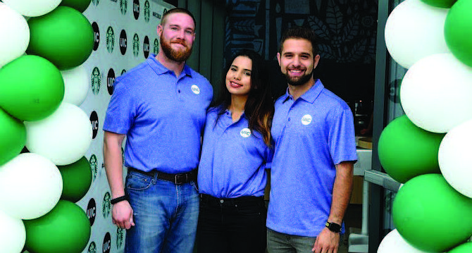 UIC students Matt Carey (from left), Rosemary Arevalo and Safaa Sarefian at the grand opening of the Starbucks in the Academic and Residential Complex at UIC. Photo Credit: Jenny Fontaine