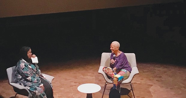 Film curator Enjoli Moon, left, and poet Nikki Giovanni lead discussion.