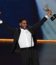 Jharrel Jerome celebrates after receiving an Emmy for outstanding lead actor in a limited series or movie for “When They See Us,” the Netflix miniseries by Ava DuVernay about the five teens wrongly convicted for the 1989 rape of a jogger in New York’s Central Park. He dedicated his win to the five, now known as the Exonerated Five.