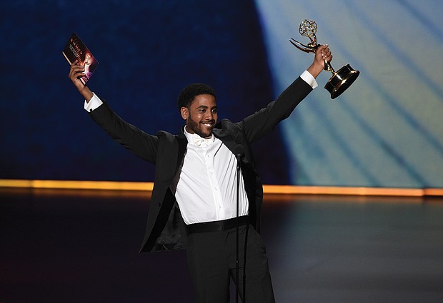 Jharrel Jerome celebrates after receiving an Emmy for outstanding lead actor in a limited series or movie for “When They See Us,” the Netflix miniseries by Ava DuVernay about the five teens wrongly convicted for the 1989 rape of a jogger in New York’s Central Park. He dedicated his win to the five, now known as the Exonerated Five.