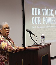 Voter empowerment-  Linda Jackson-Shaw, chair of the Connection Committee of Upsilon Omega Chapter of Alpha Kappa Alpha Sorority, leads the organization’s training to register people to vote. The training session at the L. Douglas Wilder Library & Learning Resource Center at Virginia Union University was held Tuesday on National Voter Registration Day. Four area AKA chapters plan
to hold a series of community and church meetings to register people to vote and to inform people of their voting rights. The meetings will be targeted before the Nov. 5 election and the presidential election in November 2020. The deadline to register to vote in the Nov. 5 election, or to file an address change to vote, is Tuesday, Oct. 15. The deadline to request an absentee ballot by mail is Tuesday, Oct. 29. In-person absentee voting began Sept. 20 and continues through Saturday, Nov. 2. To schedule a voter meeting with the AKAs, email info@akaupsilonomega.org.