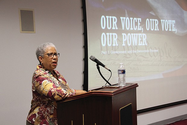 Voter empowerment-  Linda Jackson-Shaw, chair of the Connection Committee of Upsilon Omega Chapter of Alpha Kappa Alpha Sorority, leads the organization’s training to register people to vote. The training session at the L. Douglas Wilder Library & Learning Resource Center at Virginia Union University was held Tuesday on National Voter Registration Day. Four area AKA chapters plan
to hold a series of community and church meetings to register people to vote and to inform people of their voting rights. The meetings will be targeted before the Nov. 5 election and the presidential election in November 2020. The deadline to register to vote in the Nov. 5 election, or to file an address change to vote, is Tuesday, Oct. 15. The deadline to request an absentee ballot by mail is Tuesday, Oct. 29. In-person absentee voting began Sept. 20 and continues through Saturday, Nov. 2. To schedule a voter meeting with the AKAs, email info@akaupsilonomega.org.