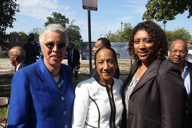 (from left) Cook County Board President Toni Preckwinkle; state Sen. Jacqueline Collins (D-16th) and former 17th Ward Alderman Latasha Thomas participated for a Sept. 30, 2019 groundbreaking for a new Metra station in Auburn Gresham.