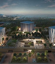 An aerial night view rendering of the Abrahamic Family House, including a mosque, from left, a Catholic church and synagogue, on Saadiyat Island in Abu Dhabi.