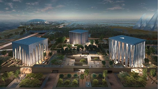 An aerial night view rendering of the Abrahamic Family House, including a mosque, from left, a Catholic church and synagogue, on Saadiyat Island in Abu Dhabi.