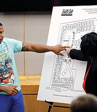 Joshua Brown, left, a neighbor of slain Botham Jean, testifies about the layout of the apartment complex during the murder trial of Amber Guyger in response to questions from Assistant District Attorney LaQuita Long, right. Mr. Brown was shot and killed Oct. 4.