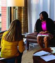 Dress for Success client practices interview skills with Trunk Club employee at the styling service’s Chicago headquarters.
