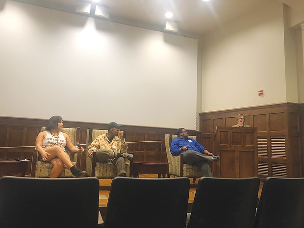 From left, panelists Xemi Tapepechul, Justina Hall and Nathaniel Preston speak about the importance to include trans, gender non-conforming and non-binary people of color into LGBTQ spaces at Saturday’s Transgender Information and Empowerment Summit. The moderator is Olive Gallmeyer.