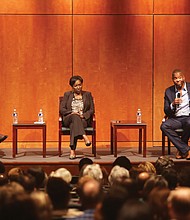 Author Ta-Nehisi Coates makes a point during his talk Oct. 25 at the Virginia Museum of History & Culture. Other speakers on the panel for “Legacies of Emancipation,” are Dr. Manisha Sinha, left, of the University of Connecticut, and Christy Coleman, chief executive officer of the American Civil War Museum.