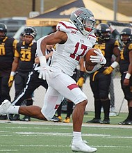 Virginia Union University’s Charles Hall heads down the field in last Saturday’s game against the Bowie State Bulldogs. Despite the Panthers’ ultimate loss, Hall had a good day, catching three passes for 99 yards, including a 75-yard touchdown catch.