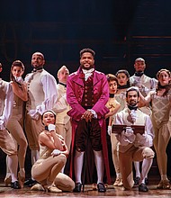 Actor Bryson Bruce, center, gets into the role of Thomas Jefferson in the national touring company of the hit musical “Hamilton.”