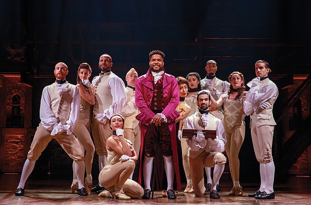 Actor Bryson Bruce, center, gets into the role of Thomas Jefferson in the national touring company of the hit musical “Hamilton.”