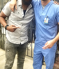 Kedrick Brown on the set with  New Amsterdam's Dr. Max Goodwin (played by actor Ryan Eggold)