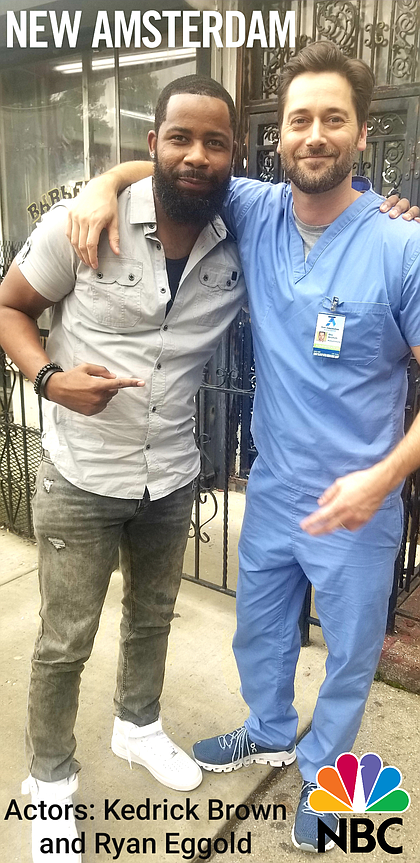 Kedrick Brown on the set with  New Amsterdam's Dr. Max Goodwin (played by actor Ryan Eggold)