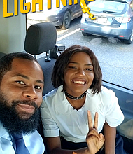 Kedrick Brown on set of Black Lightning with China McClain