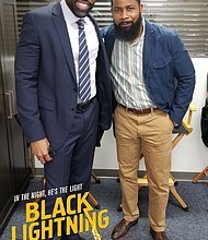 Kedrick Brown on set of Black Lightning with Cress Williams