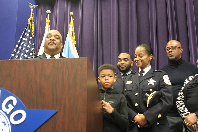 Joining Chicago Police Superintendent Eddie Johnson at a Nov. 7, 2019 news conference to announce his retirement was his family including his wife and son, two fellow Chicago police officers. Photo credit: By Wendell Hutson