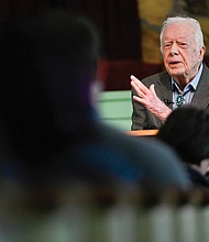 Former President Jimmy Carter teaches Sunday school on Nov. 3 at Maranatha Baptist Church, in Plains, Ga. Nearly four decades after he left office and despite a body that’s failing after 95 years, the nation’s oldest-ever ex-president still teaches Sunday school roughly twice monthly at the church.