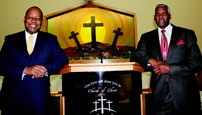 (from left) The Rev. Leonardo D. Gilbert, pastor of Sheldon Heights Church of Christ in Roseland, founded the nonprofit International American Medical Mission whose executive director is DeWayne
Mason, a retired Chicago police officer and a deacon at Sheldon Heights Church. Photo credit: By Wendell Hutson