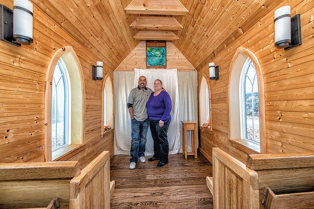 The chapel, owned by Bil Malbon of Tiny Chapel Weddings, holds about 20 people and is part of a partnership with Richmond Heritage Federal Credit Union to help couples rethink spending a fortune on a wedding ceremony. Donald McWilliams Jr. and Roberta Jennings, credit union members and volunteers, have taken that lesson to heart.