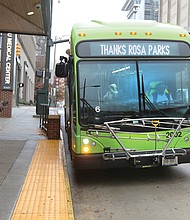 A Pulse bus displays appreciation to Rosa Parks on its electronic sign Sunday as GRTC paid tribute to the late civil rights icon who defied segregation laws onDec.1, 1955, and helped trigger a movement that ultimately brought an end to government-sanctioned racial discrimination in public transit and many other aspects of American life.