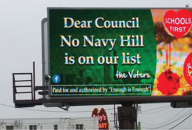 Community activist Farid Alan Schintzius is once again using billboards to send a message on a major Richmond proposal. This is one of two new messages he and a group of like-minded opponents of the proposed $1.5 billion Coliseum replacement plan have installed to counter the push by Mayor Levar M. Stoney and the Navy Hill District Corp. to advance the project. The electronic billboard seen here is in the 5900 block of West Board Street facing eastbound traffic. Another is on Interstate 195, according to Mr. Schintzius. In 2014, Mr. Schintzius was involved in using billboards to oppose the plan to relocate Richmond’s ballpark to Shockoe Bottom under a redevelopment plan that then Mayor Dwight C. Jones was promoting. That plan ultimately failed.