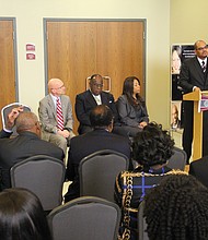 Virginia Union University President Hakim J. Lucas announces the university’s first expansion in more than 40 years during a news conference on Tuesday on campus. He is joined by, seated from left, Gregory Lewis, VUU senior vice president and chief financial officer; City Councilman Chris A. Hilbert; Dr. W. Franklyn Richardson, chairman of the VUU Board of Trustees; and Dr. Allia Carter, VUU’s chief operating officer.