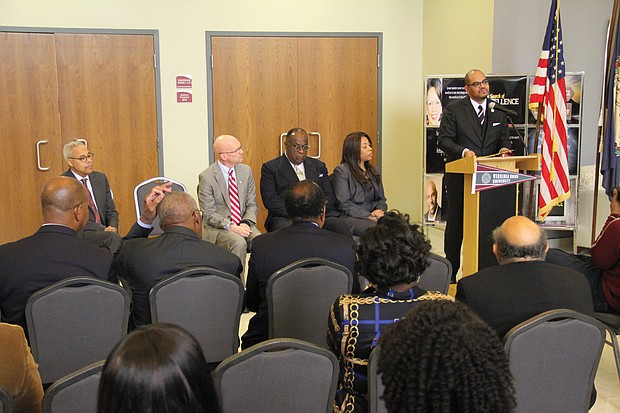 Virginia Union University President Hakim J. Lucas announces the university’s first expansion in more than 40 years during a news conference on Tuesday on campus. He is joined by, seated from left, Gregory Lewis, VUU senior vice president and chief financial officer; City Councilman Chris A. Hilbert; Dr. W. Franklyn Richardson, chairman of the VUU Board of Trustees; and Dr. Allia Carter, VUU’s chief operating officer.