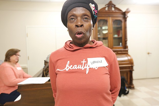 Vernice Breadon practices her solo in the Christmas hymn “O Holy Night” in preparation for the RVA Street Singers’ recent concert at Centenary United Methodist Church. She is accompanied by Sherri Matthews on the piano.