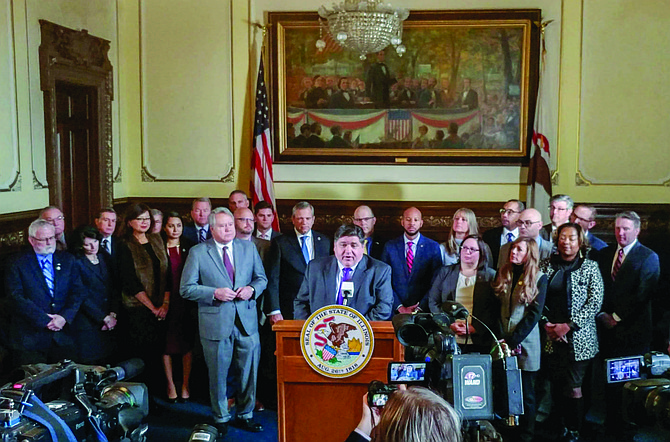 Gov. J.B. Pritzker speaks Thursday, Nov. 14 during a news conference at the Capitol in Springfield about the General Assembly’s passage of legislation to consolidate 649 downstate and suburban police and firefighter pensions into two unified systems. The bill was the byproduct of a task force that Pritzker appointed in February. Capitol News Illinois photo by Jerry Nowicki