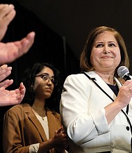 Ghazala F. Hashmi receives cheers and applause from supporters as she address the crowd at the Democrats’ victory party following her upset win in November in the Richmond area’s 10th Senate District. She is the first Muslim elected to the state Senate. Below, Stephanie A. Lynch celebrates her victory in November’s special election in the Richmond City Council 5th District contest.