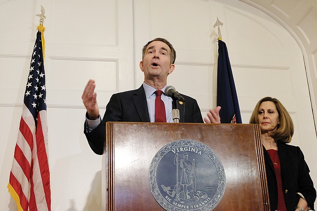Gov. Ralph S. Northam explains during a news conference in February that he is neither the person in blackface nor the person dressed in the Ku Klux Klan robe and hood that are pictured on his 1984 medical school yearbook page, despite his public apology a day earlier.