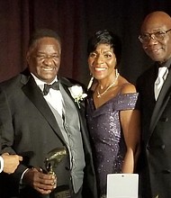 Calahan Foundation hosted its “11 Annual Celebration of Giving”, at the Hyatt Regency Chicago. Among the evening honoree were Retired Senator Emil Jones . Joining the Calahan's for a photo is the owner of Kates Security. Photo by: Tarji Smedley