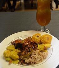 dishes from Cool Runnings with mango ice tea
