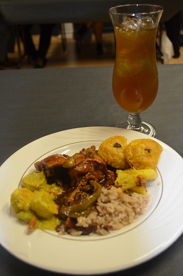 dishes from Cool Runnings with mango ice tea