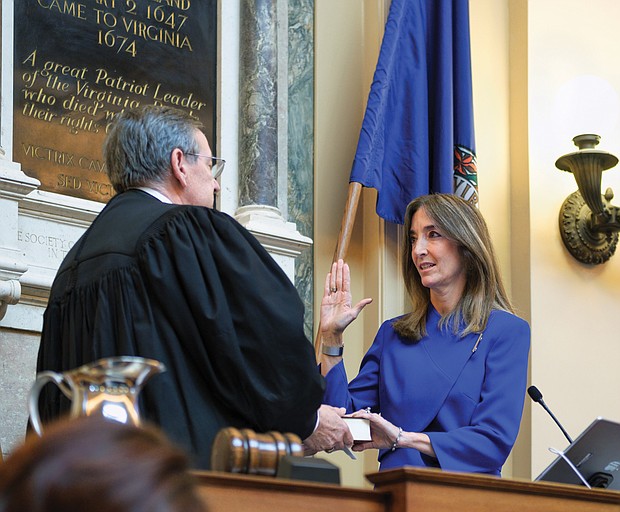 Delegate Eileen Filler-Corn of Fairfax County is sworn in as speaker of the House of Delegates on Wednesday by Virginia Supreme Court Chief Justice Donald W. Lemons. She is the first woman to hold the powerful position in the 401-year history of the Virginia legislature.