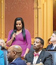 Delegate Charniele Herring of Alexandria, the new House majority leader, addresses the House chamber on Wednesday. Other delegates, from left, are Hala Ayala of Prince William County and C.E. “Cliff” Hayes Jr. of Chesapeake.