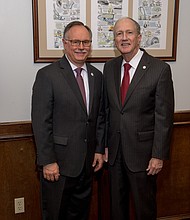 Mike Laster (left) and Vince Ryan (right) taken at the ceremonial swearing-in for newly appointed Harris County Assistant County Attorney Mike Laster.