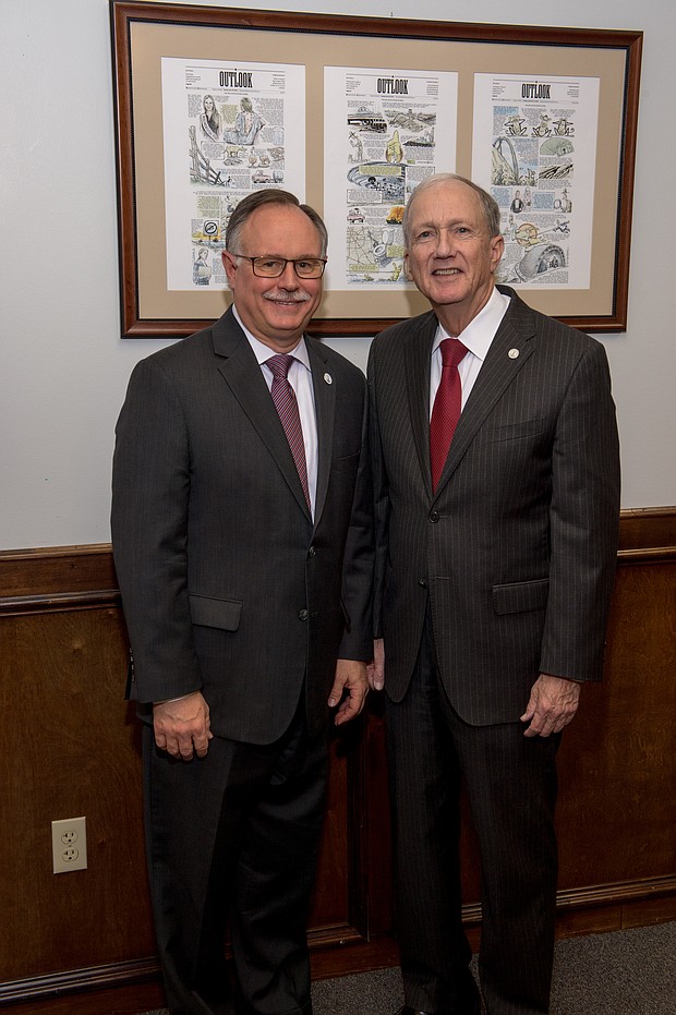 Mike Laster (left) and Vince Ryan (right) taken at the ceremonial swearing-in for newly appointed Harris County Assistant County Attorney Mike Laster.